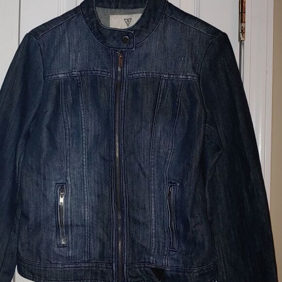 Guess Zipper Down distressed jean denim jacket  Sz M - Picture 2 of 9